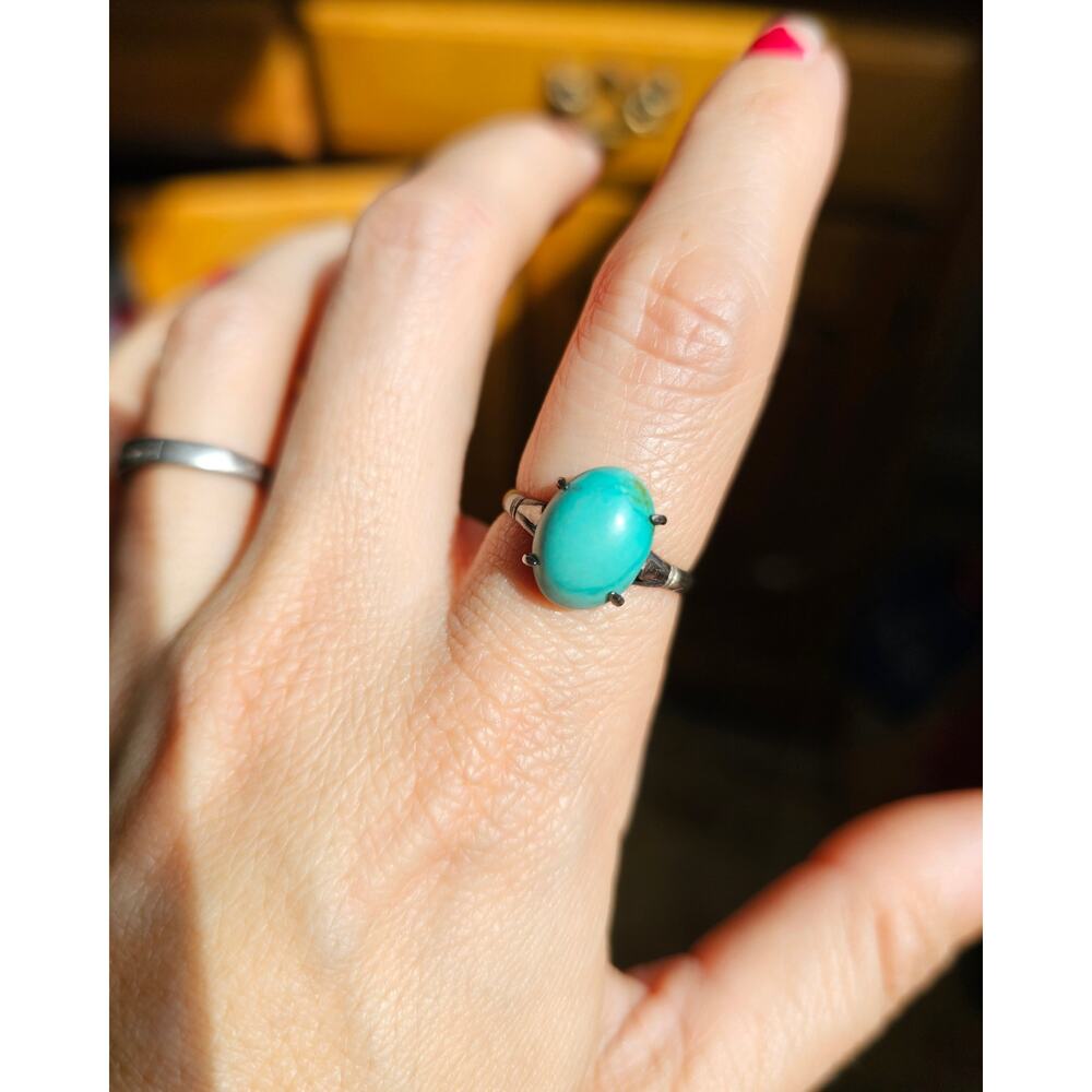 Mid-Century Vintage Japan Silver Turquoise Solitaire Ring Size 7